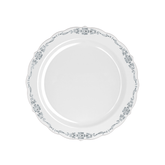 9" Gray / Silver Victorian Design Plastic Plates (120 Count) - Yom Tov Settings